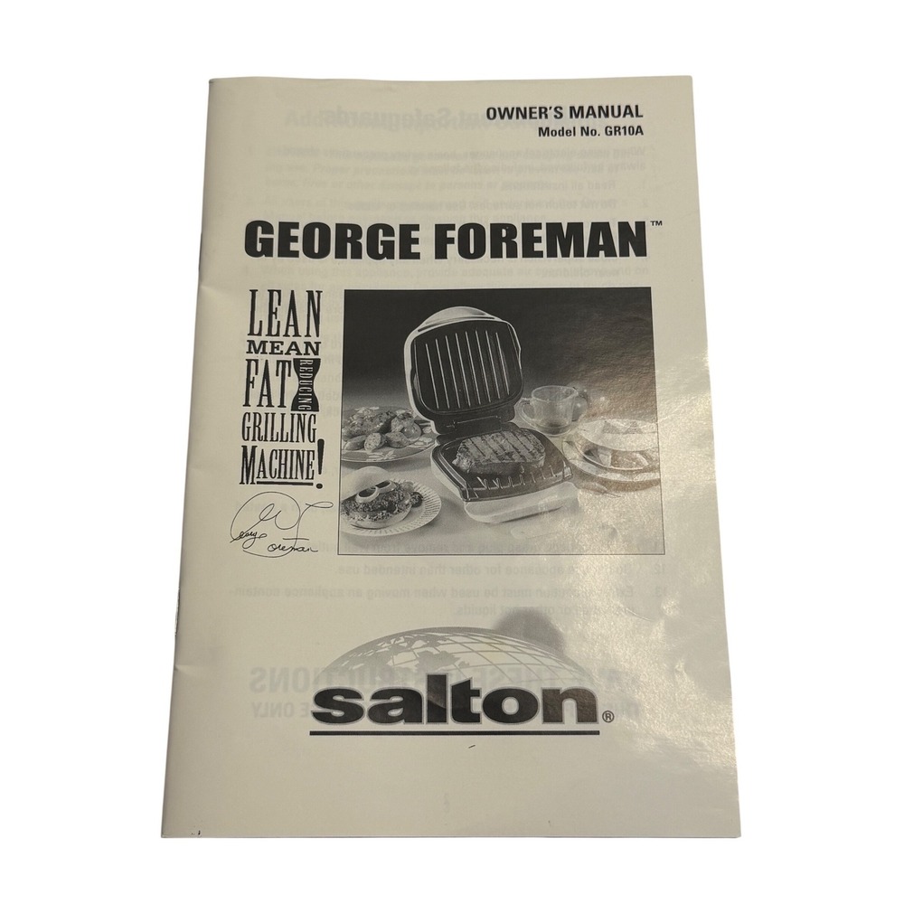 VTG‎ George Foreman Grill Owner Manual Model GR10A Salton Lean Mean Fat Grilling